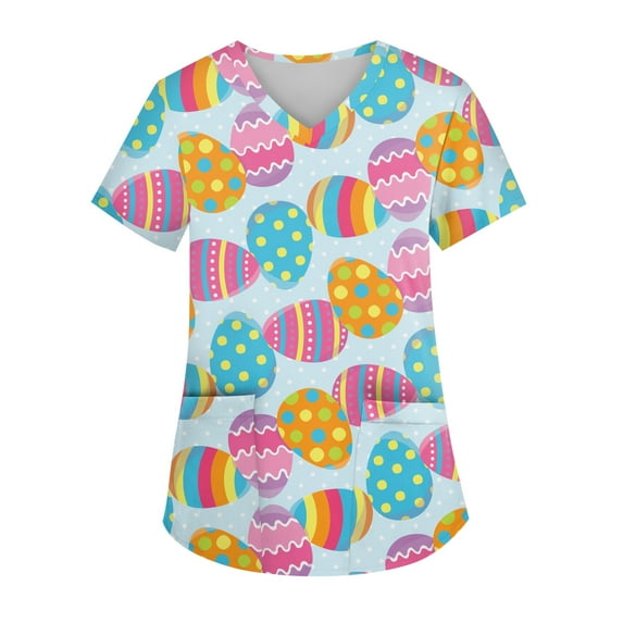 Womens Easter Scrubs Cute Bunny Eggs Printed Short Sleeve Medical Nurse Workwear Stretchy V Neck Festival Scrub Top