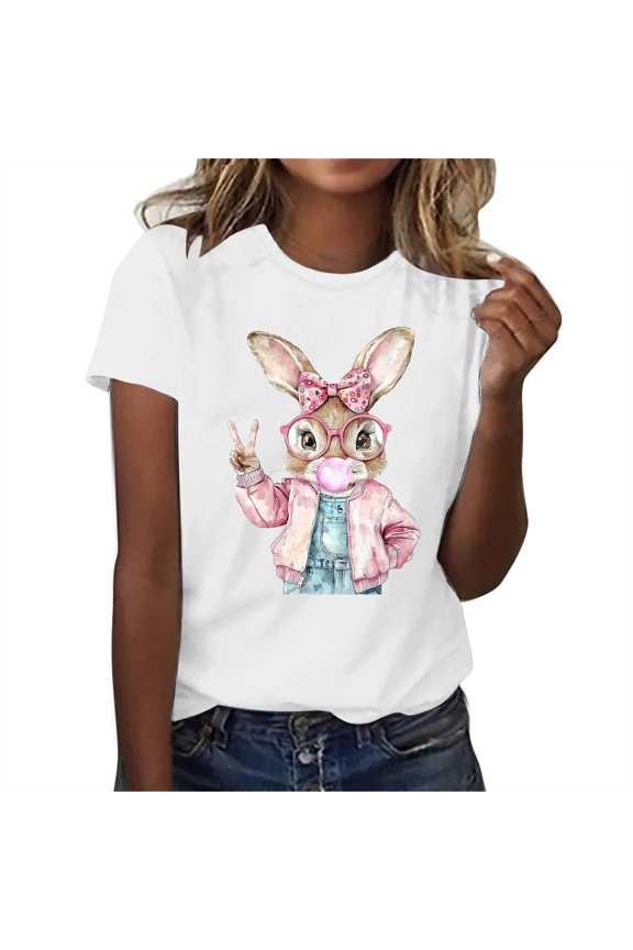 Womens Easter Shirt Cute Bunny Graphic Short Sleeve Funny Print Summer Tops