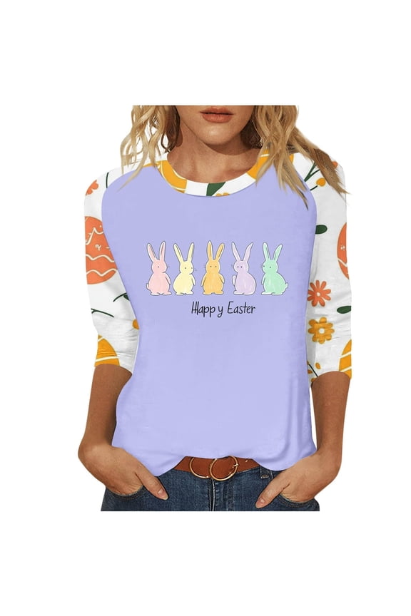 Womens Easter Shirt Funny Egg Bunny Graphic 3/4 Sleeve Cotton Tunic Summer Tops