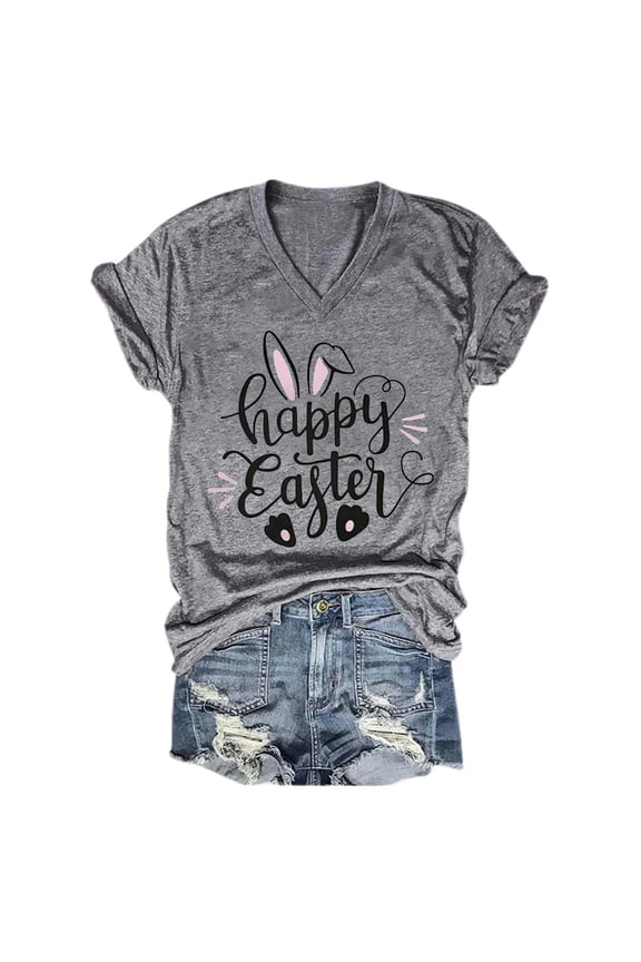 Womens Easter Shirt Happy Easter Bunny Print V Neck Casual Summer Tops