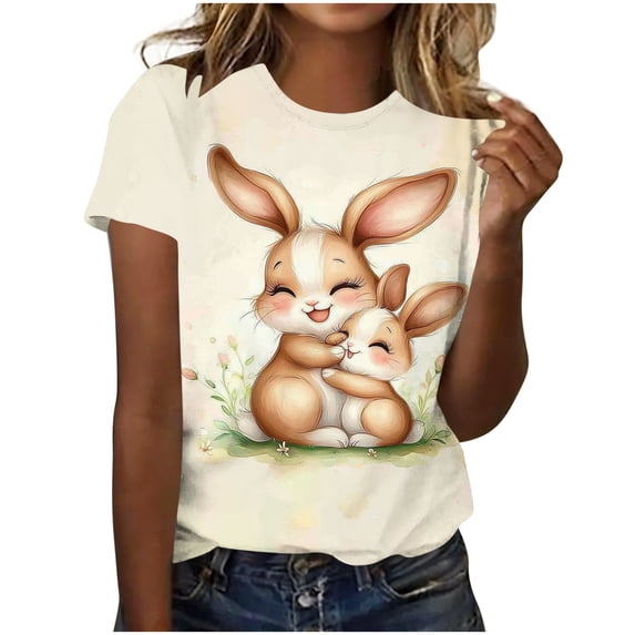 Womens Easter Shirt Rabbit Graphic Tees Casual Short Sleeve T-Shirts Round Neck Loose Comfy Blouse Cute Festival Outfits