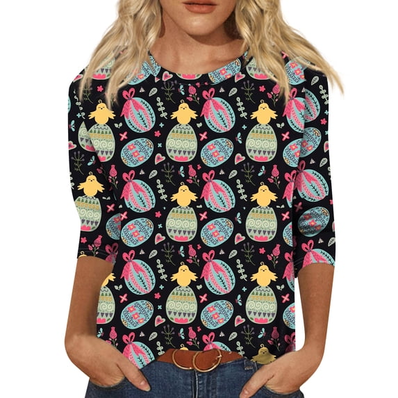 Womens Easter Shirts 3/4 Length Sleeve Crewneck T Shirt Bunny Eggs Printed Holiday Outfits Soft Shirts Casual Loose Fit Family Gifts Tops, #01 Light Blue, 3XL