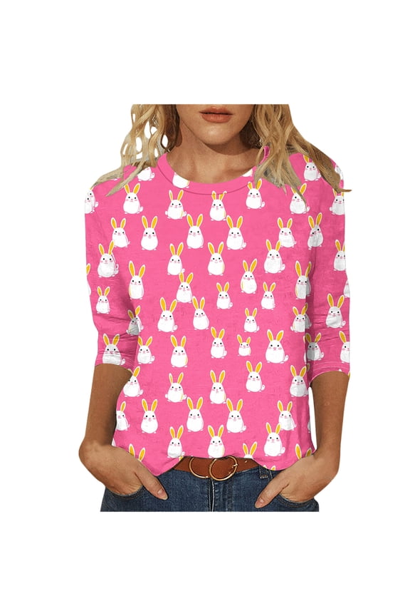 Womens Easter Shirts 3/4 Sleeve Crewneck Cute Shirts Graphic Print Tunic Tops Happy Easter Day T-Shirts Holiday Beach Party Blouses 2025