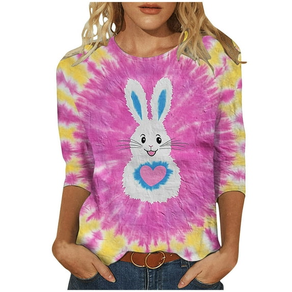 Womens Easter Shirts Funny Rabbit Bunny Graphic Tees Vintage Tie Dye Tops Y2K Shirt 3/4 Sleeve Tops Plus Size T-Shirts Holiday Causal Tunic Blouse