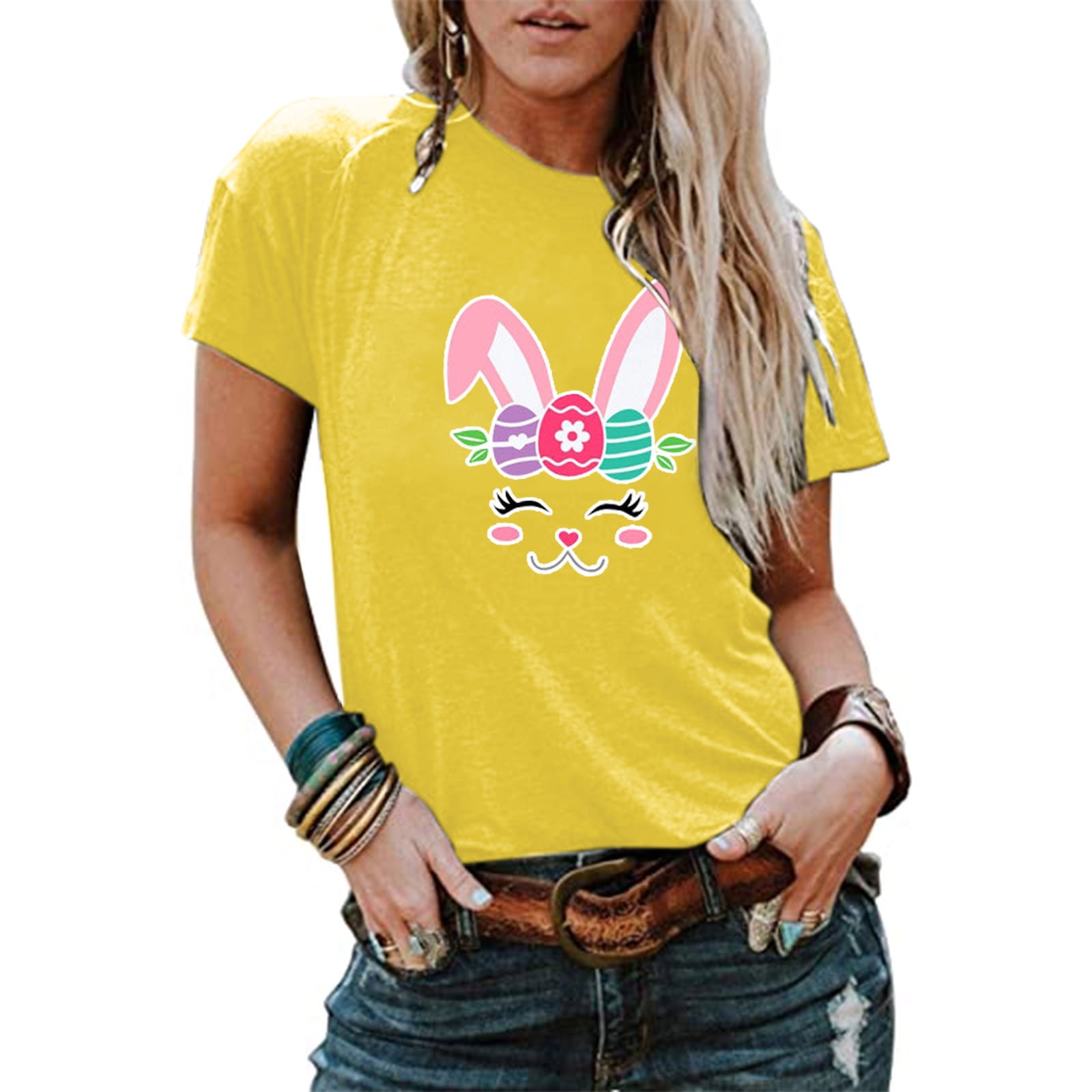 Womens Easter Shirts Rabbit Easter Eggs Graphic Tee Short Sleeve Funny