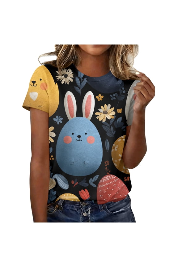 Womens Easter Shirts Short Sleeve Crewneck Colored Eggs Print Shirts Soft Loose Fit Tunic Tops Trendy Dressy T-Shirts, #01 Navy, XL