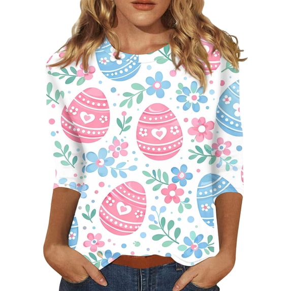 Womens Easter Shirts Three Quarter Length Rabbit Graphic T-Shirts Crewneck Loose Fit Dressy Tunic Tops Trendy Family Gifts Tee, #01 Light Blue, XL