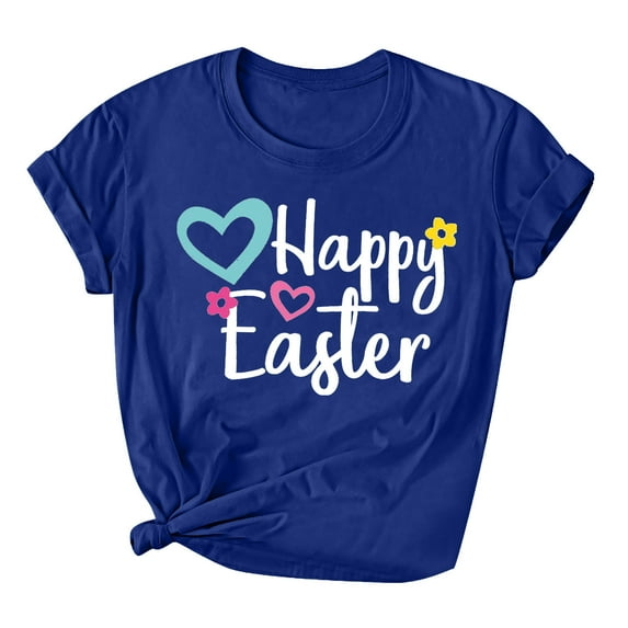 Womens Easter Short Sleeve Round Neck Shirts Casual Cute Print Tee Summer Lightweight Pullover Tops (XL, B Blue)