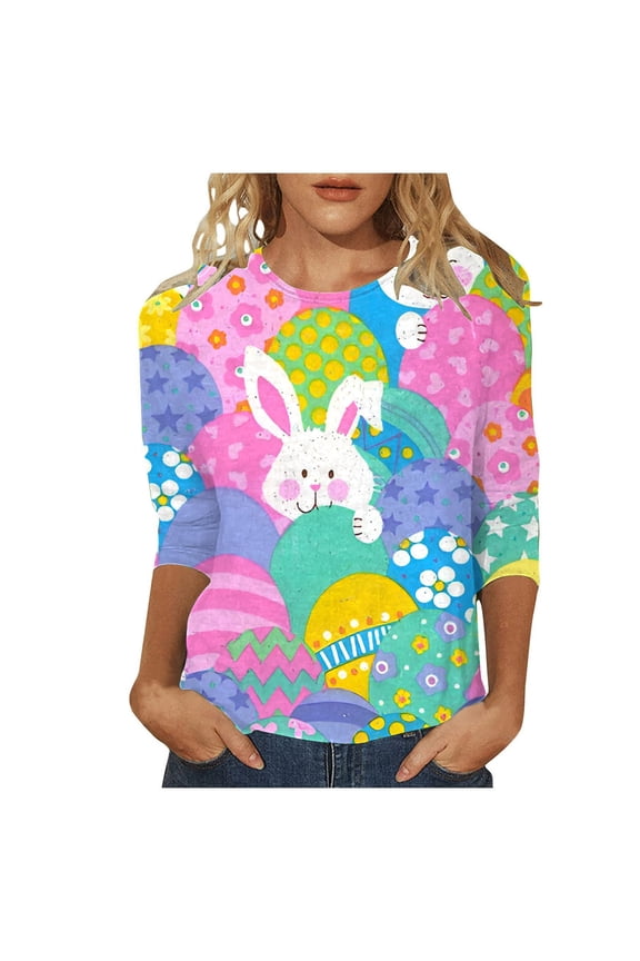 Womens Easter T Shirt Crew Neck Print Quarter Sleeve Rugby Shirt for Women,Green,L