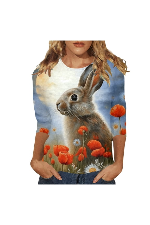 Womens Easter T Shirt Funny Egg Graphic 3/4 Length Sleeve Rugby Shirt for Women,Light Blue,M