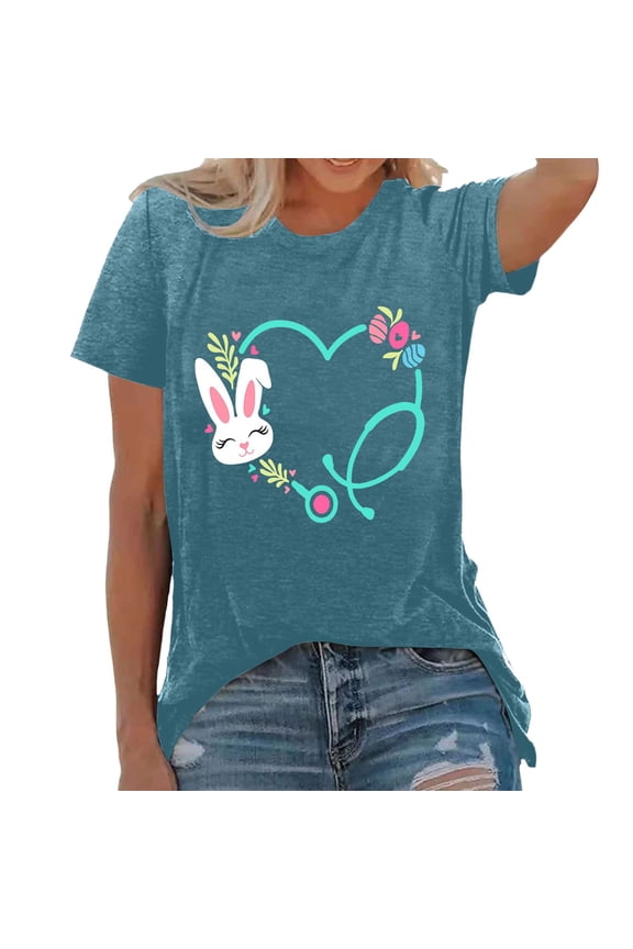 Womens Easter T-Shirts Fashion Funny Love Heart Bunny Graphic Print Tops Loose Short Sleeve Crew Neck Casual Family Gifts Tees