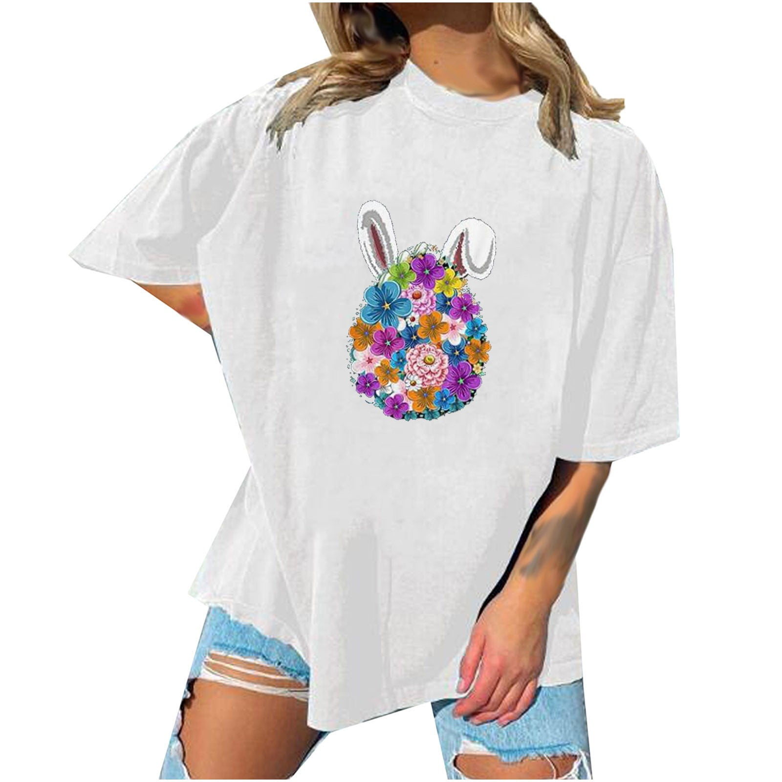 Womens Easter T Shirts Loose Fit Letter Print Bunny Basket Eggs Graphic