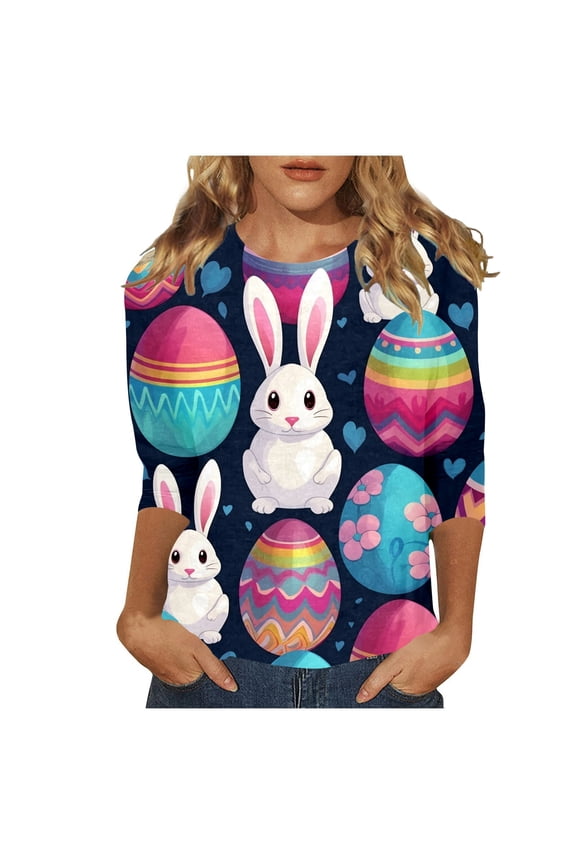 Womens Easter Tee Funny Egg Graphic 3/4 Length Sleeve Womens Festivel Clothes,Navy,S