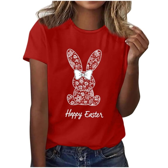 Womens Easter Tops 2025 Summer Casual Pullover Printed T-Shirt with Round Neck and Short Sleeves