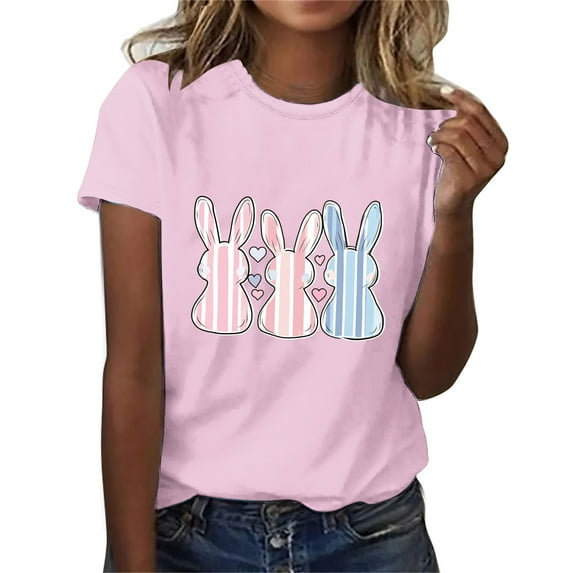 Womens Easter Tops 2025 Summer Casual Pullover Printed T-Shirt with Round Neck and Short Sleeves