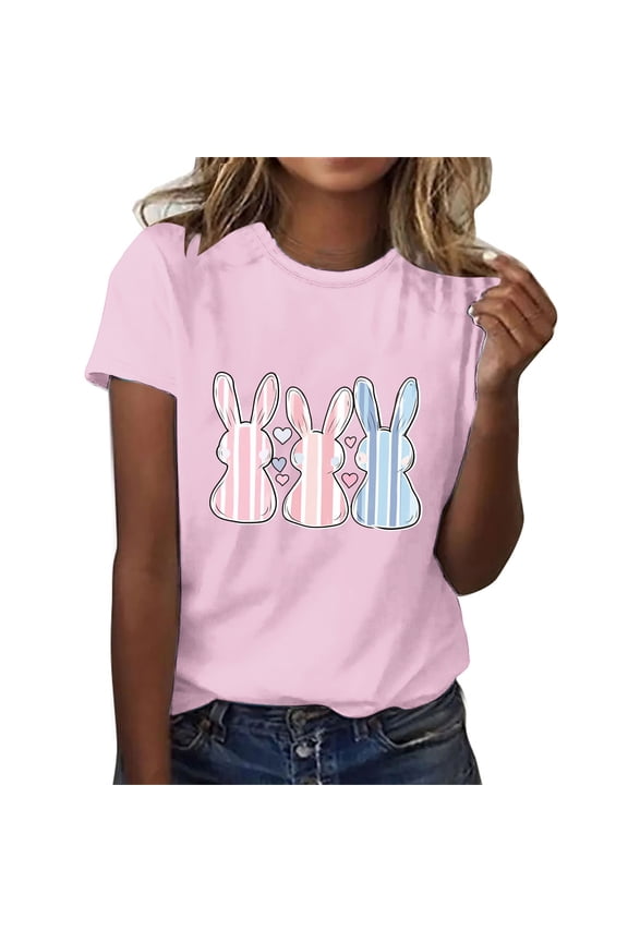 Womens Easter Tops 2025 Summer Casual Pullover Printed T-Shirt with Round Neck and Short Sleeves
