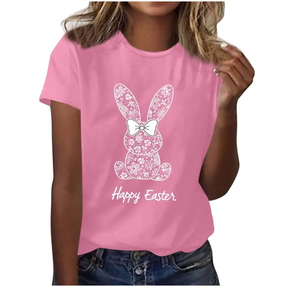 Womens Easter Tops 2025 Summer Casual Pullover Printed T-Shirt with Round Neck and Short Sleeves