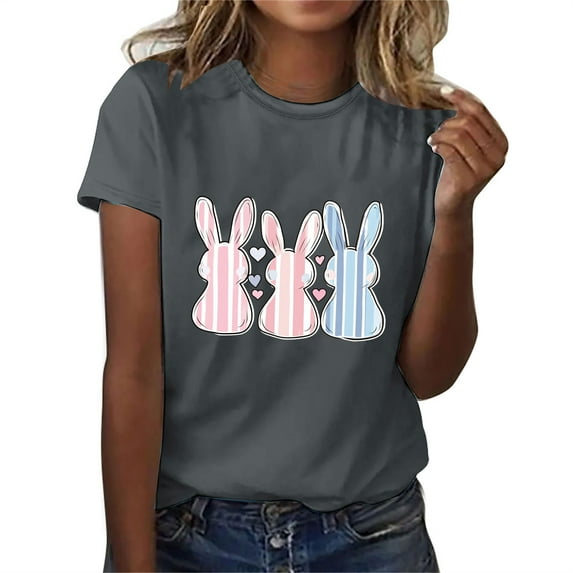 Womens Easter Tops 2025 Summer Casual Pullover Printed T-Shirt with Round Neck and Short Sleeves