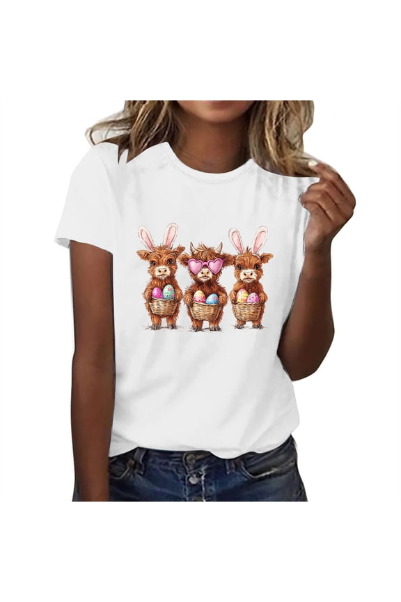 Womens Easter Tops 2025 Summer Fashion Print Short-Sleeved Blouse with Round Neck and Fun Design
