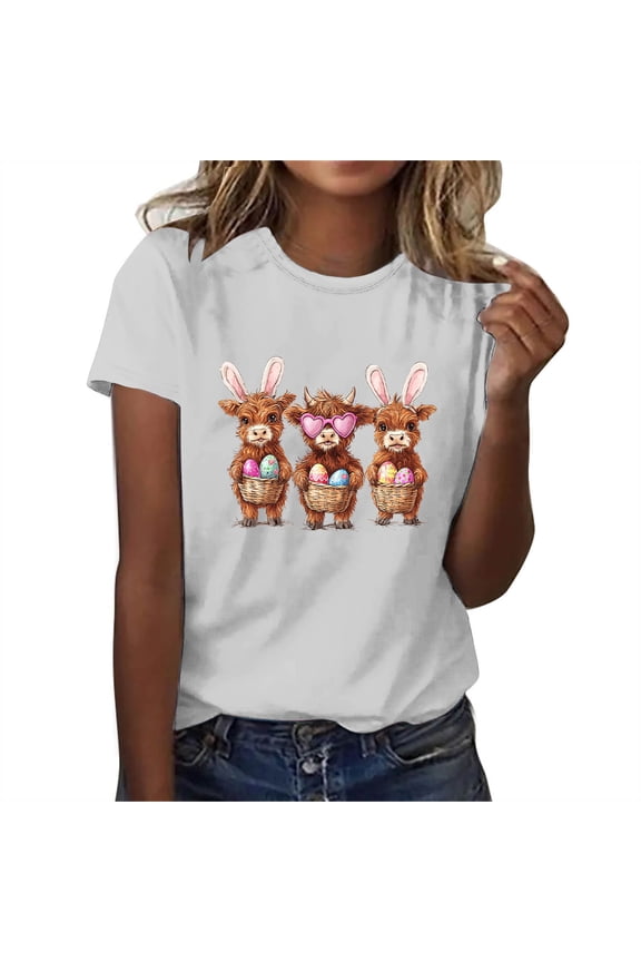 Womens Easter Tops 2025 Summer Fashion Print Short-Sleeved Blouse with Round Neck and Fun Design