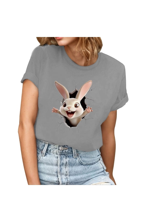 Womens Easter Tops 2025 Summer Fashion Print Short-Sleeved Blouse with Round Neck and Graphic Design