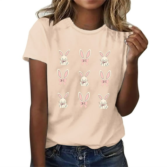 Womens Easter Tops 2025 Summer Fashion Short-Sleeved T-Shirt with Round Neck and Unique Design