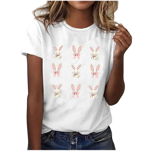 Womens Easter Tops 2025 Summer Fashion Short-Sleeved T-Shirt with Round Neck and Unique Design