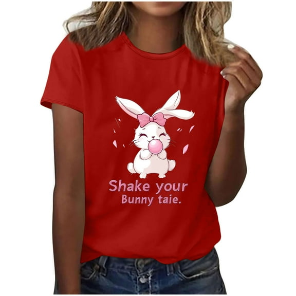 Womens Easter Tops 2025 Summer Fashionable Short-Sleeved T-Shirt with Round Neck and Graphic Print
