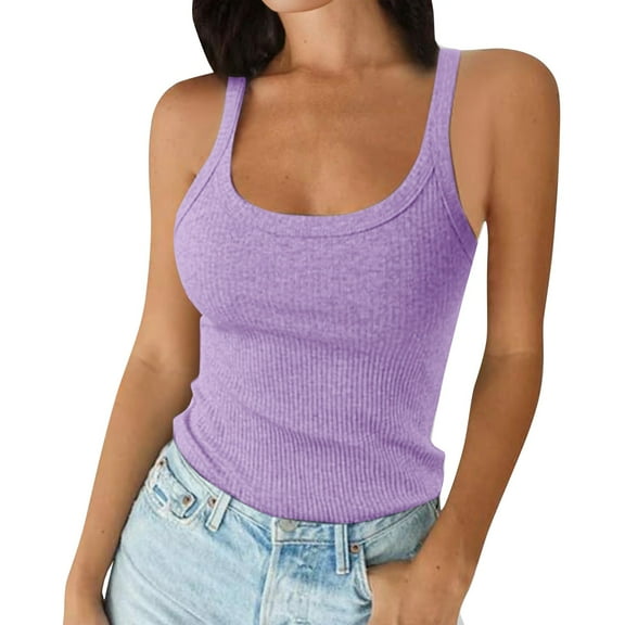Womens Easter Tops, Built In Bra Casual Comfort Colors Square Neck Sleeveless Workout Athletic Crop Elastic Tank Tops Spring For Women 2025 Vneck Long Sleeve Shirts Tops (XL, Purple) ZMTing
