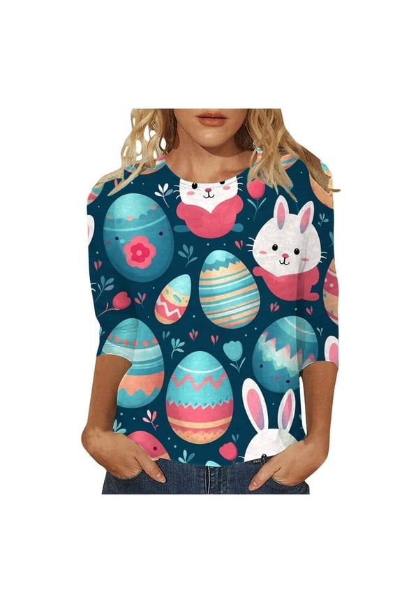 Womens Easter Tops Crew Neck Print Quarter Sleeve Petite Tops for Women,Blue,L