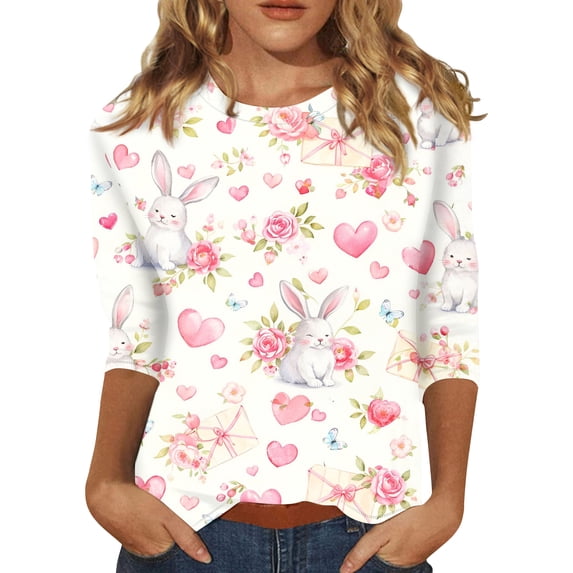 Womens Easter Tops Crewneck 3/4 Sleeve T Shirt Colored Eggs Print Trendy Loose Fit Tunic Tops Soft Family Gifts T-Shirts, #01 Light pink, XXL