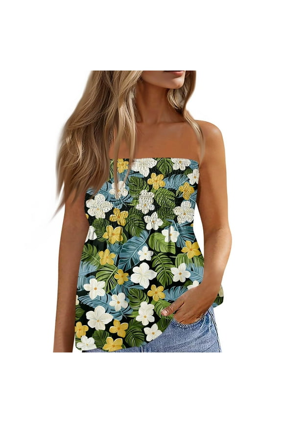 Womens Easter Tops, Summer Tube Cute Sexy Off Shoulder Floral Sleeveless Elastic Tunic Smocked Tops Spring For Women 2025 Gym Tops Casual Green Camisole Tops Blouses Casual (XL, Light Green) ZMTing