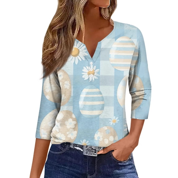 Womens Easter Tops V Neck Colored Eggs Print 3/4 Length Sleeve T Shirt Holiday Outfits Casual Shirts Summer Lightweight Y2k Dressy Tops, #01 Light Blue, L