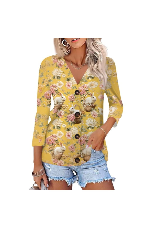 Womens Easter Tops V Neck Rabbit Graphic 3/4 Length Sleeve Tunic Tops Casual Button Down Blouses Loose Fit Cute Tops, #01 Yellow, L