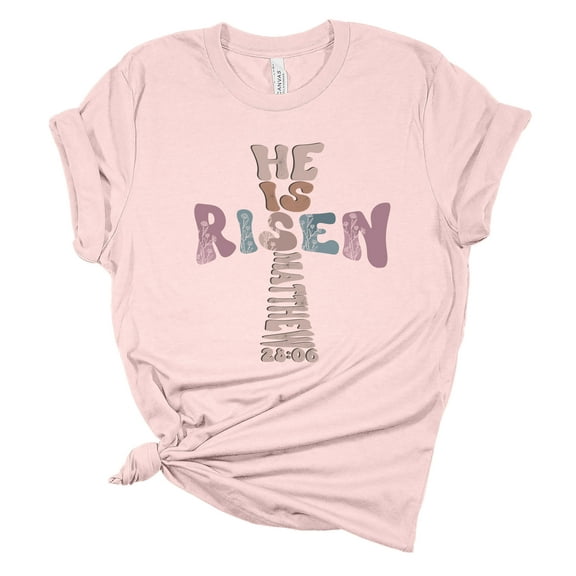 Womens Easter Tshirt Christian Cross He Is Risen Short Sleeve T-shirt-Light Pink-xl