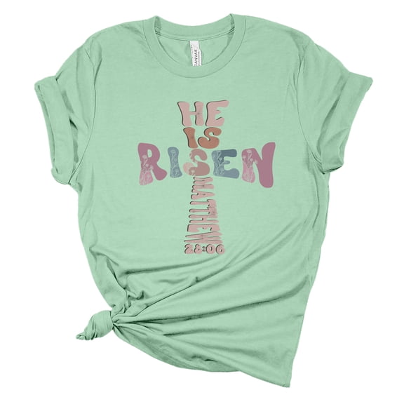 Womens Easter Tshirt Christian Cross He Is Risen Short Sleeve T-shirt-Mint-large