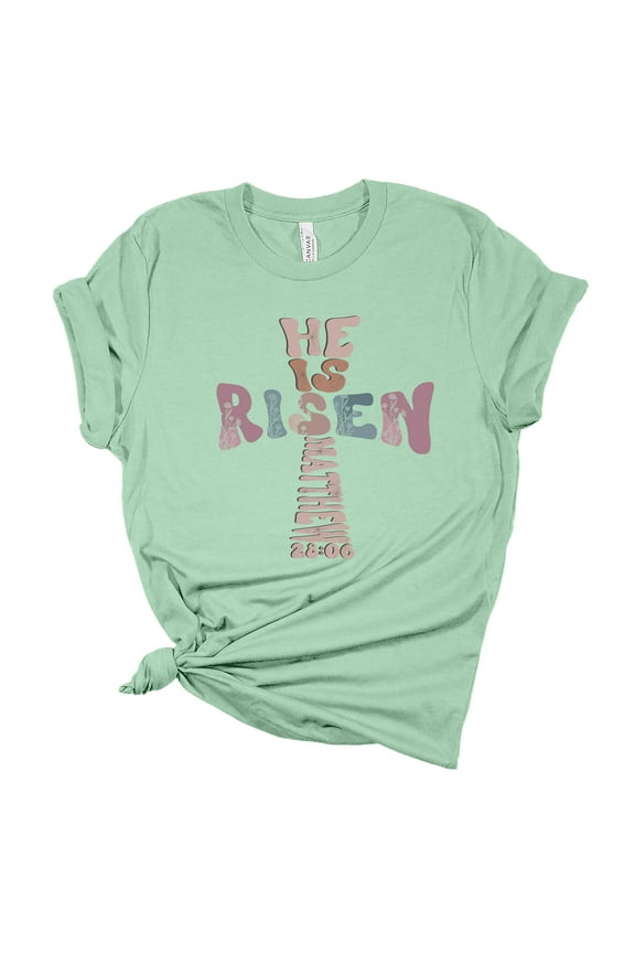 Womens Easter Tshirt Christian Cross He Is Risen Short Sleeve T-shirt-Mint-xxl