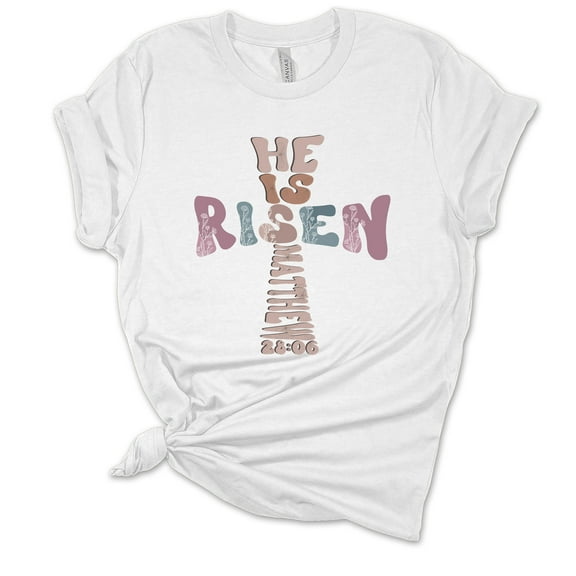 Womens Easter Tshirt Christian Cross He Is Risen Short Sleeve T-shirt-White-5xl