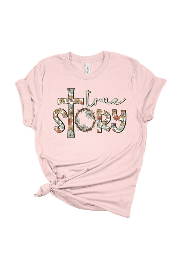Womens Easter Tshirt Christian True Story Jesus Easter Short Sleeve T-shirt-Light Pink-medium