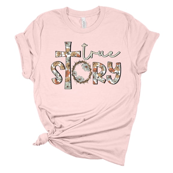 Womens Easter Tshirt Christian True Story Jesus Easter Short Sleeve T-shirt-Light Pink-small