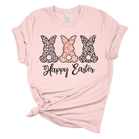 Womens Easter Tshirt Happy Easter Printed Bunnies Short Sleeve T-shirt-Light Pink-small