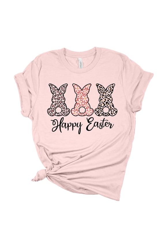 Womens Easter Tshirt Happy Easter Printed Bunnies Short Sleeve T-shirt-Light Pink-small