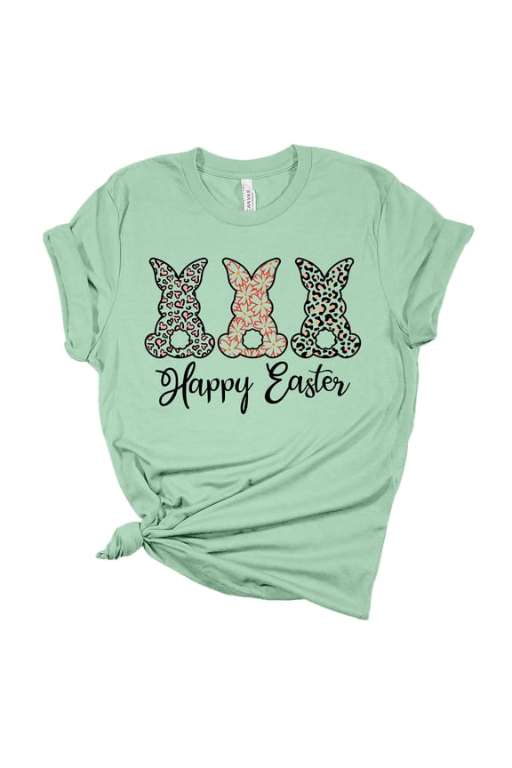 Womens Easter Tshirt Happy Easter Printed Bunnies Short Sleeve T-shirt-Mint-4xl