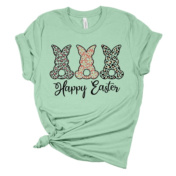 Womens Easter Tshirt Happy Easter Printed Bunnies Short Sleeve T-shirt-Mint-medium