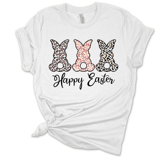 Womens Easter Tshirt Happy Easter Printed Bunnies Short Sleeve T-shirt-White-small