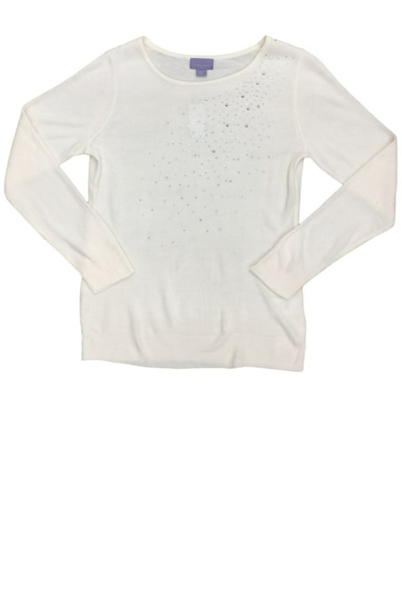 Womens Eggshell White Knit Bedazzled Sweater Casual Dress Pullover