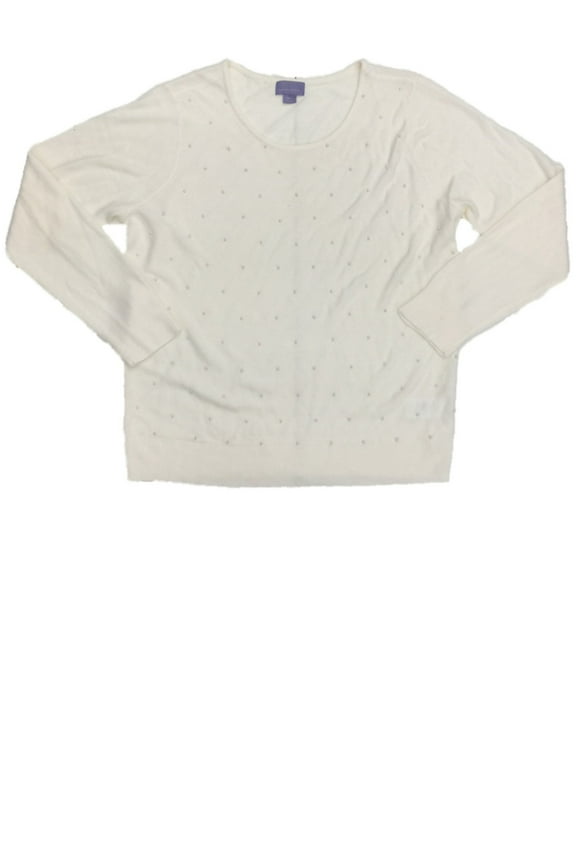 Womens Eggshell White Knit Pearl Embellished Sweater Casual Dress Pullover