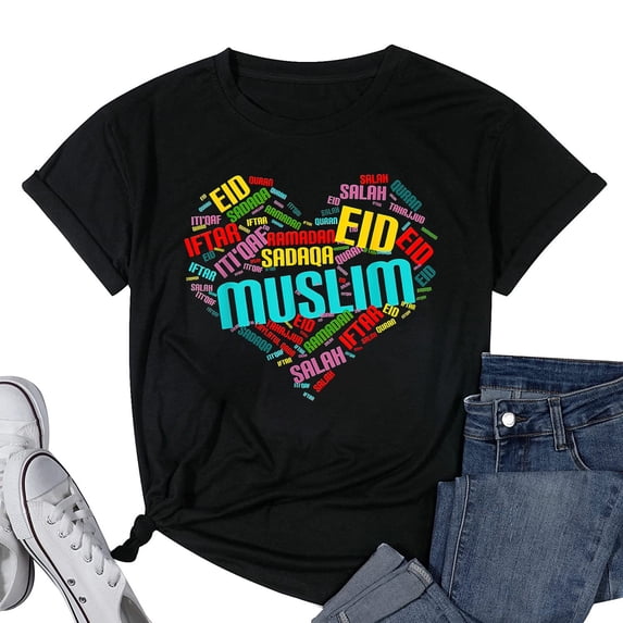 Womens Eid Gifts Kids Tee Arabic Tshirt Muslim Friend Heart Love T-Shirt Black Small