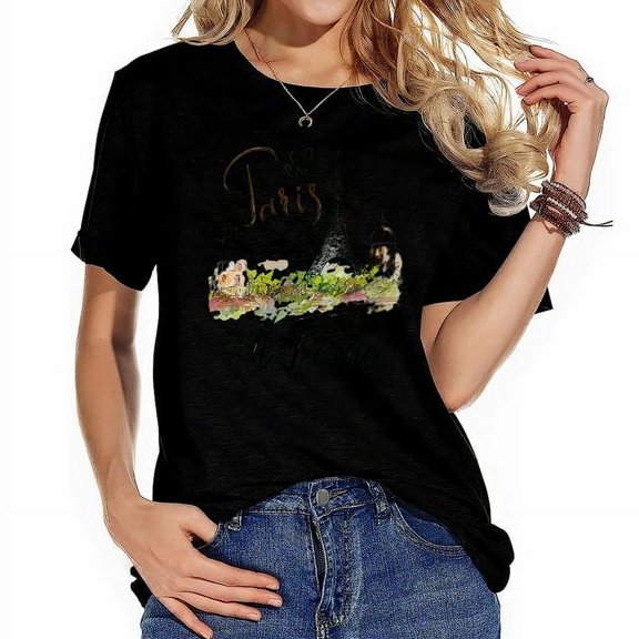 Womens Eiffel Tower Paris Vintage I Love Paris France City Round Neck T Shirt Black