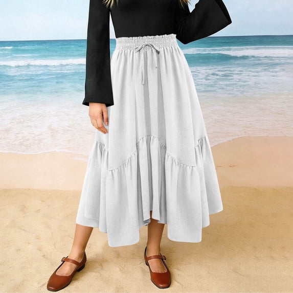 Womens Elastic Drawstring Waist Casual A-Line Skirt High Low Asymmetrical Tiered Vintage Midi Skirt White XL